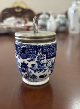 Royal Worcester 伍斯特 1924年青花山水楼阁百年古董鸡蛋杯 瓷罐