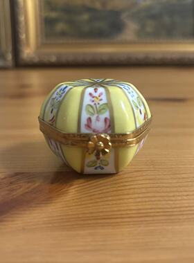 Limoges 利摩日 法国洛可可稀有手绘花卉描金六角首饰盒 装饰瓷罐