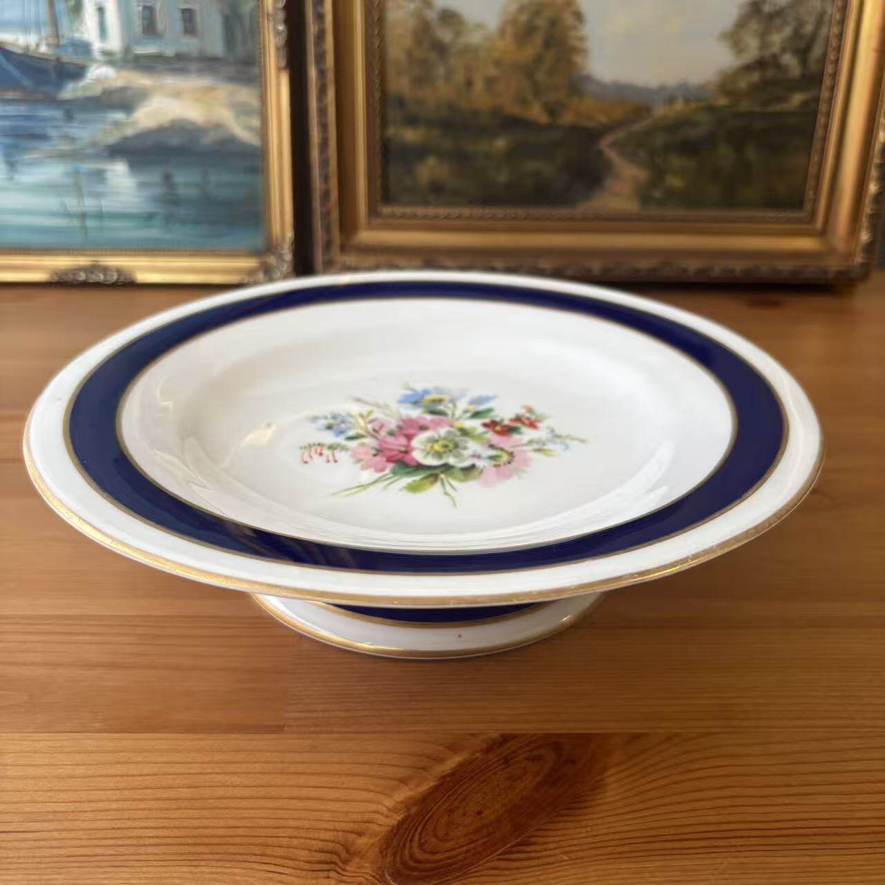 Charles Ford 查理斯福特 19世纪末古董手绘花卉座盘钴蓝描金果盘