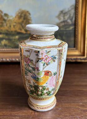 日本楠部款 古董收藏冰裂纹手绘萨摩烧瓷器摆件花瓶 博古玄关瓷瓶