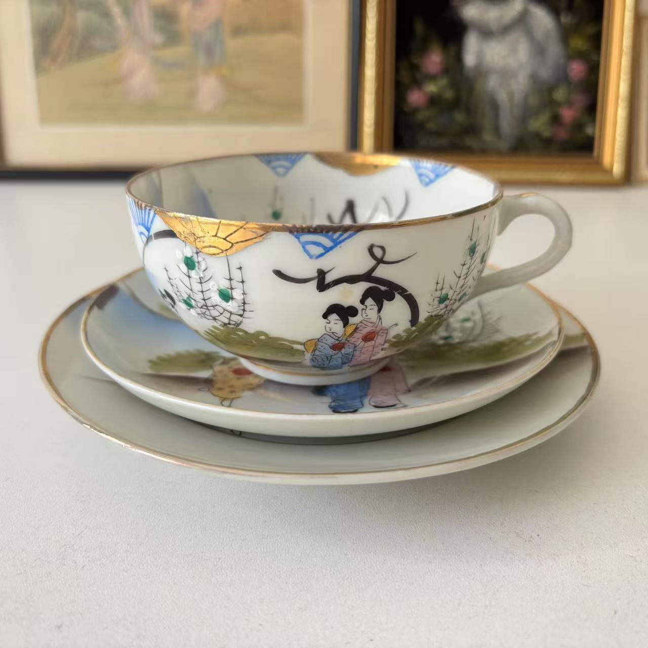 欧洲回流 日本明治手绘收藏茶杯 丸二手作人物花卉孤品摆件老瓷器