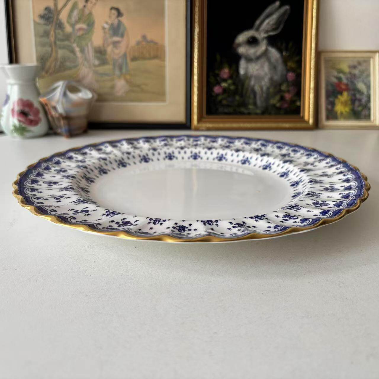 Spode 斯波德 鎏金青花花边大盘 10寸蛋糕碟 英国蓝鸢尾花摆件碟