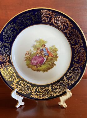 Limoges 利摩日法国 钴蓝人物描金装饰盘 西洋洛可可收藏碟 赏盘