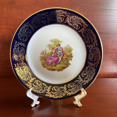 Limoges 利摩日法国 钴蓝人物描金装饰盘 西洋洛可可收藏碟 赏盘