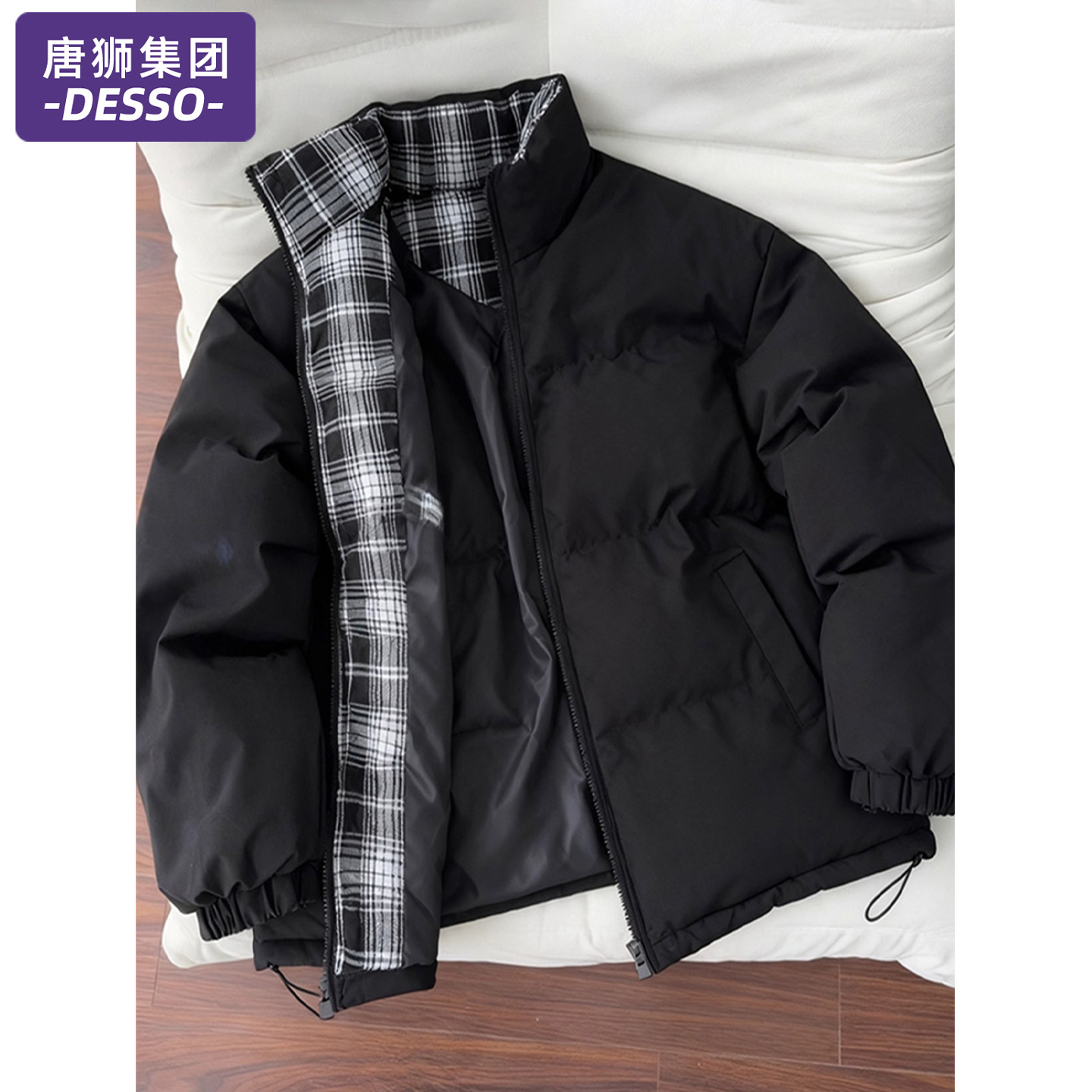 唐狮集团黑色格子拼接短款棉服男冬季美式保暖面包服立领棉衣外套