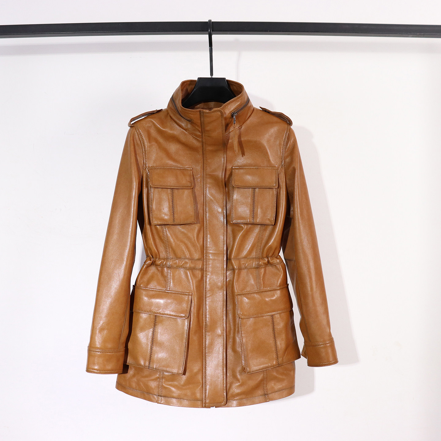 时尚立领真皮拉链皮衣女多口袋工装夹克复古风机车中长款风衣外套