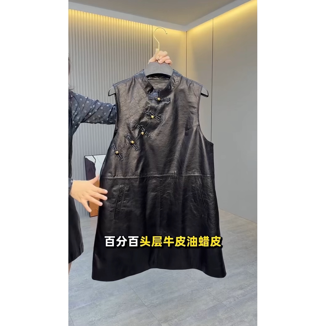 新中式立领真皮马甲女斜襟A字背心裙气质减龄无袖宽松显瘦连衣裙