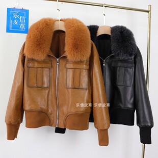 冬季新款狐狸毛毛领女真皮棉服油蜡皮加厚皮衣时尚百搭修身显瘦潮