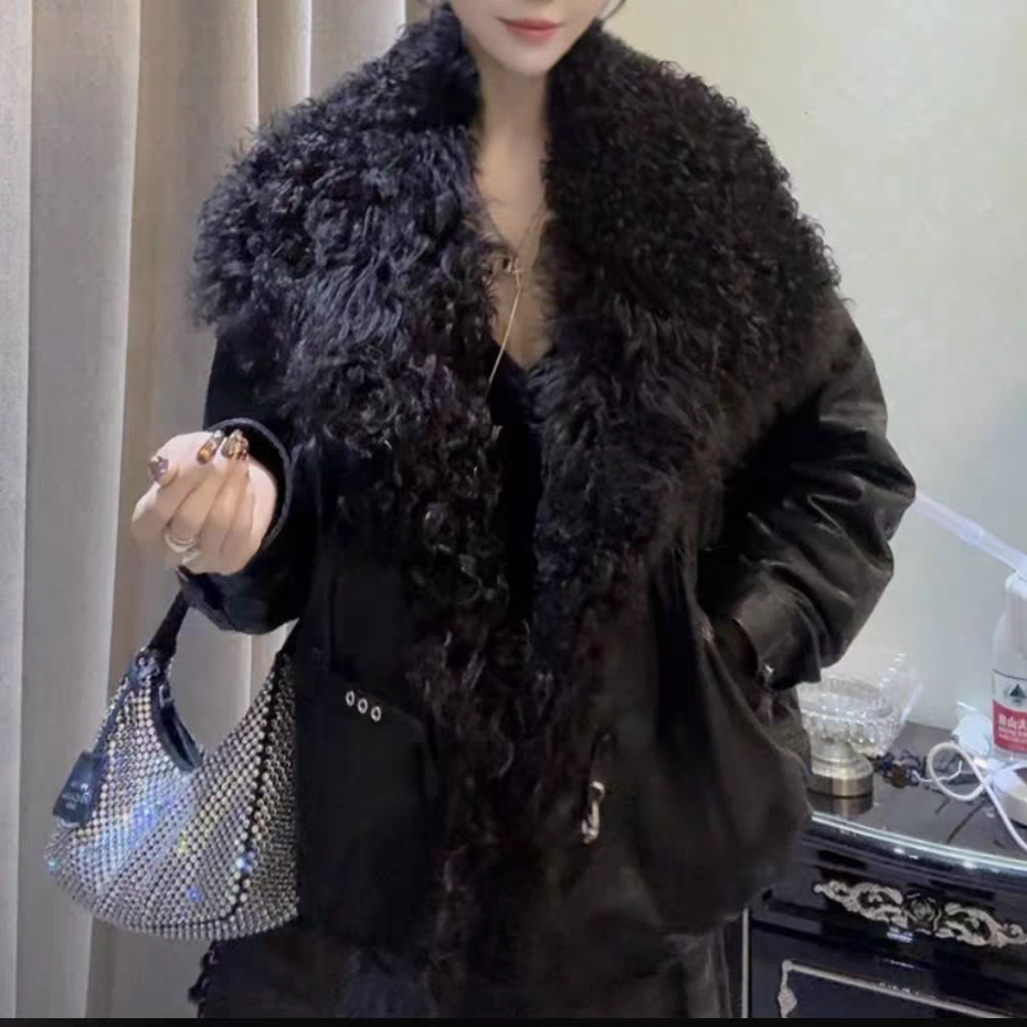 时尚新款羊羔毛领皮衣外套女气质显瘦真皮高级感皮草毛领鹅绒服