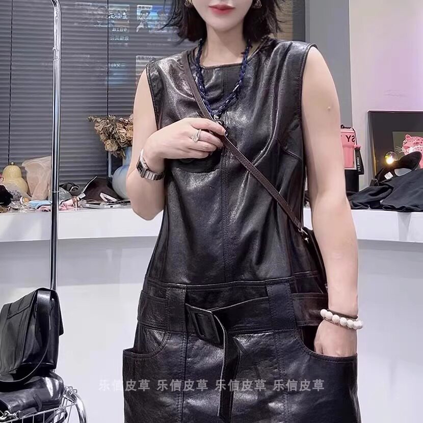 无袖背心马甲连衣裙真皮皮衣