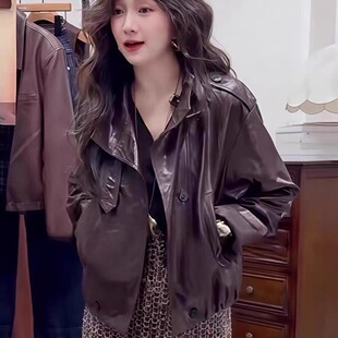 2025秋冬新款 女真皮绵羊皮皮衣女士机车皮夹克大翻领宽松休闲外套