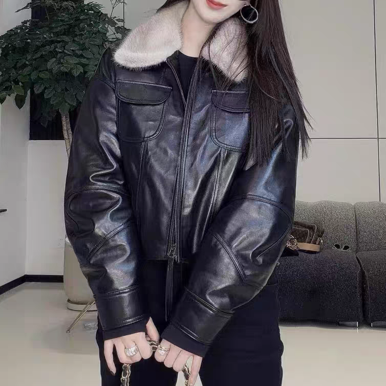冬季水貂毛领短款宽松皮衣女款