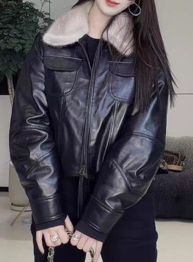 冬季水貂毛领短款宽松皮衣女款