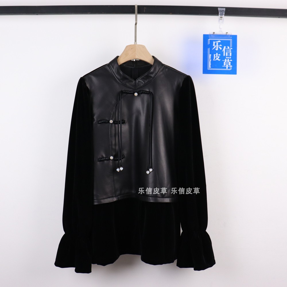 宽松中国风中长款拼接皮衣绵羊皮