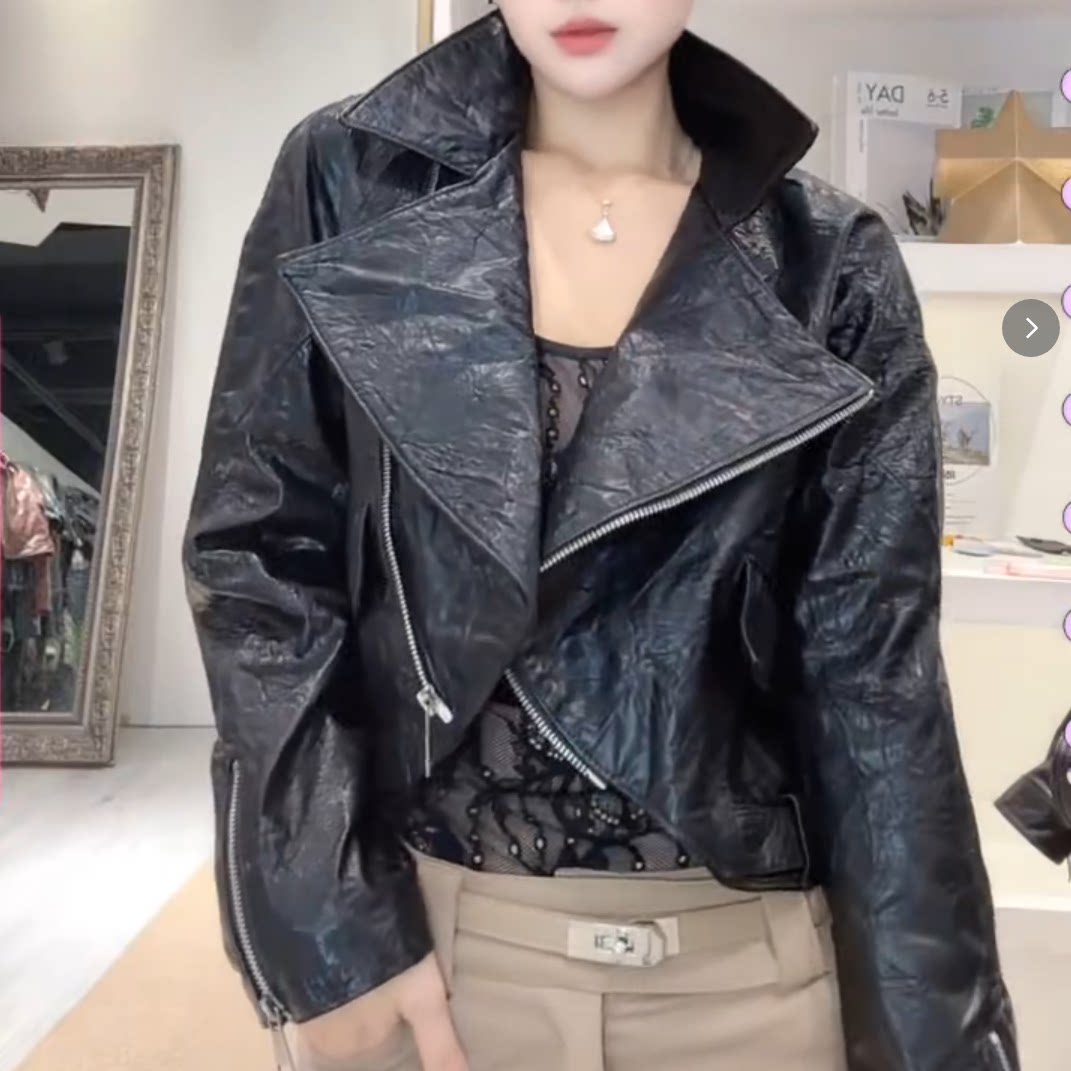 机车风短款翻领修身显瘦皮衣女