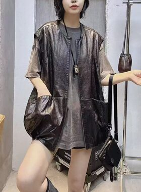 复古痞帅真皮短款显瘦马甲女