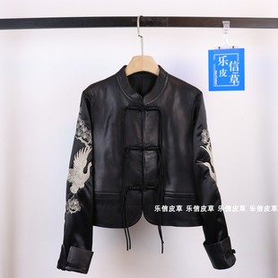 时尚 国风立领外套潮新中式 真皮皮衣女绵羊皮刺绣盘扣唐装 秋冬新款