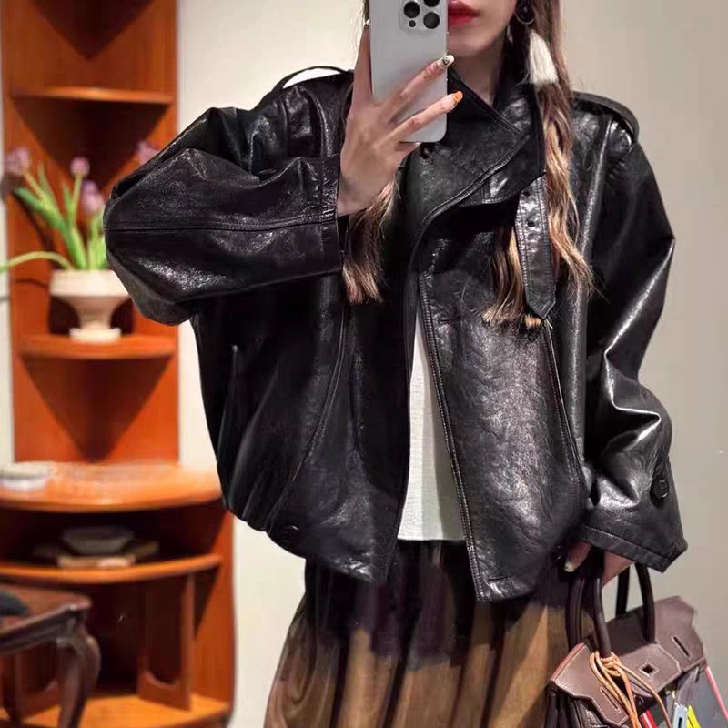 时尚真皮新款气质修身显瘦皮衣女秋季宽松真皮百搭外套复古皮夹克