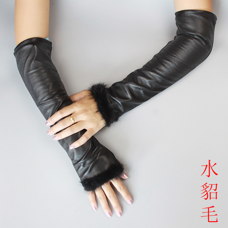 特价真皮手套女冬季长款过肘羊皮手套露指全皮袖套半指手臂套正品