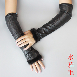 特价真皮手套女冬季长款过肘羊皮手套露指全皮袖套半指手臂套