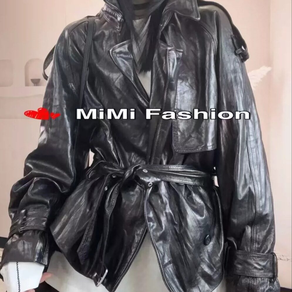 工装风系带收腰显瘦短款机车皮衣