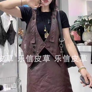 皮衣皮马夹潮修身 绵羊皮V领坎肩无袖 马甲 真皮马甲女休闲短款 新款