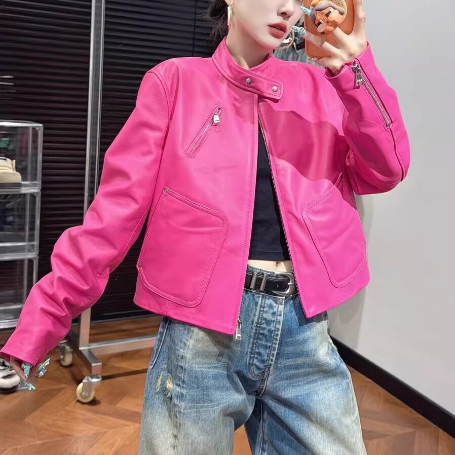 春季真皮立领机车短款显瘦皮衣女