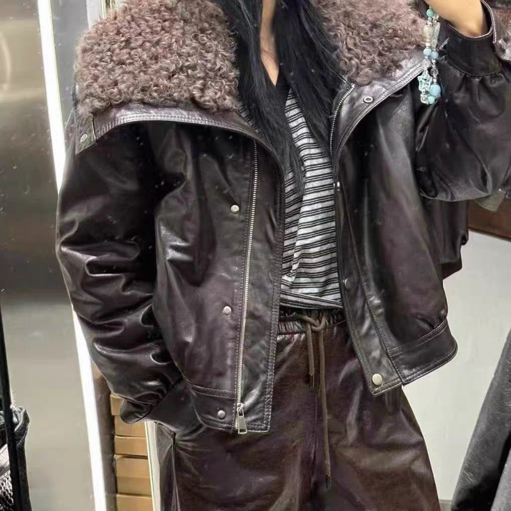 新款毛领皮衣女短款真皮油蜡外套