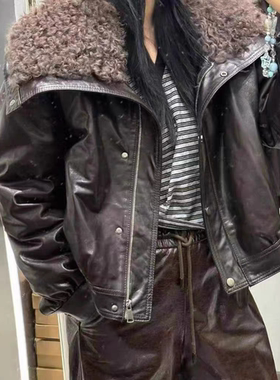 新款毛领皮衣女短款真皮油蜡外套