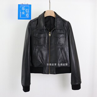 刘雯同款真皮绵羊皮女复古夹克外套时尚百搭修身显瘦方领拉链潮