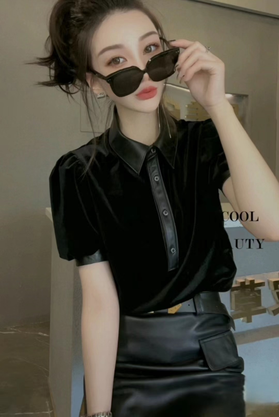 欧货真皮拼接金丝绒女打底衫绵羊皮网纱方领短袖时尚百搭弹力衫潮