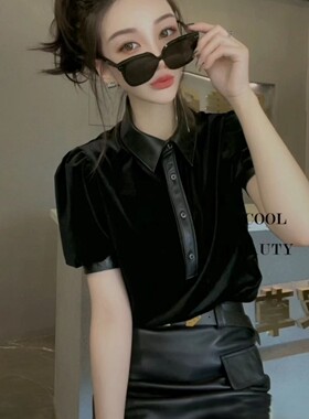 欧货真皮拼接金丝绒女打底衫绵羊皮网纱方领短袖时尚百搭弹力衫潮