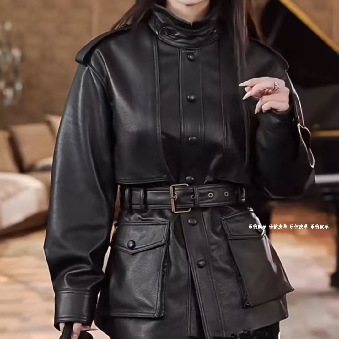 2025明星同款复古机车新款绵羊皮真皮皮衣西装中长款腰带外套女