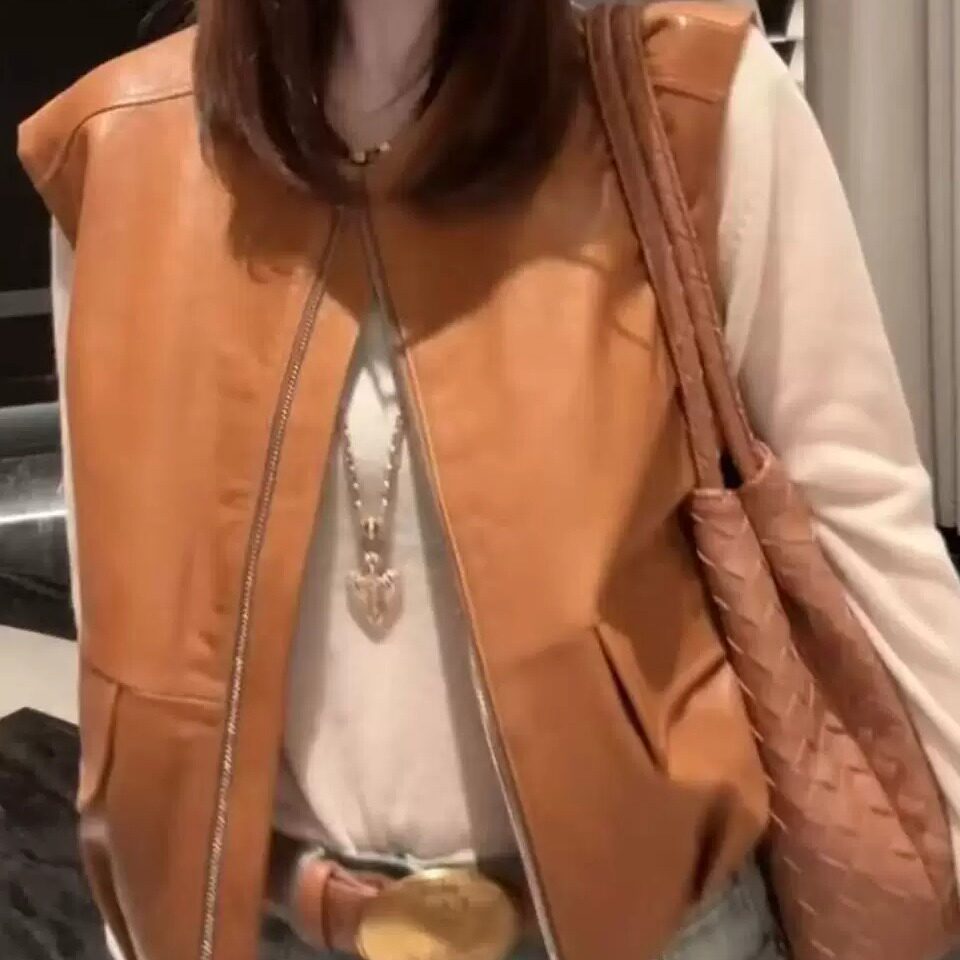真皮女工装风拉链大口袋马甲