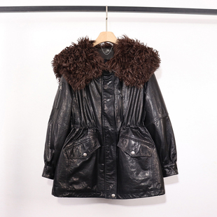 真皮毛领皮衣女中长款 宽松收腰外套 黑色油蜡皮鹅绒服保暖百搭长袖