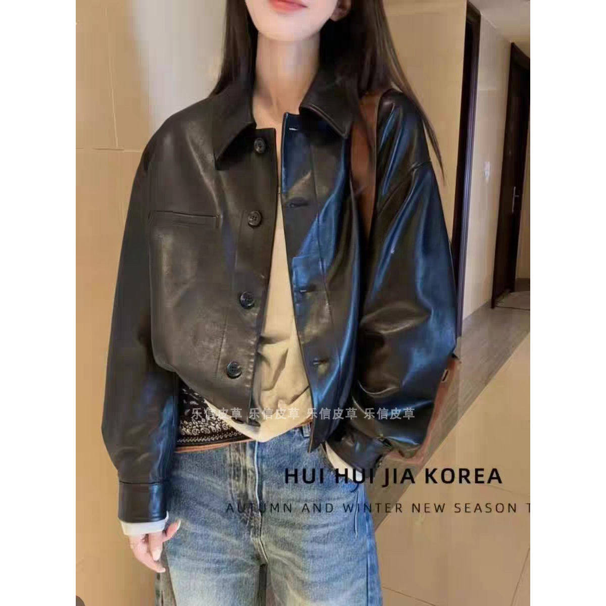真皮新款皮衣女绵羊皮时尚修身气质百搭显瘦休闲翻领夹克皮衣外套