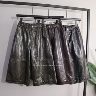 七分裤 新款 百搭气质松紧腰显瘦宽松阔腿裤 女绵羊皮时尚 真皮皮裤