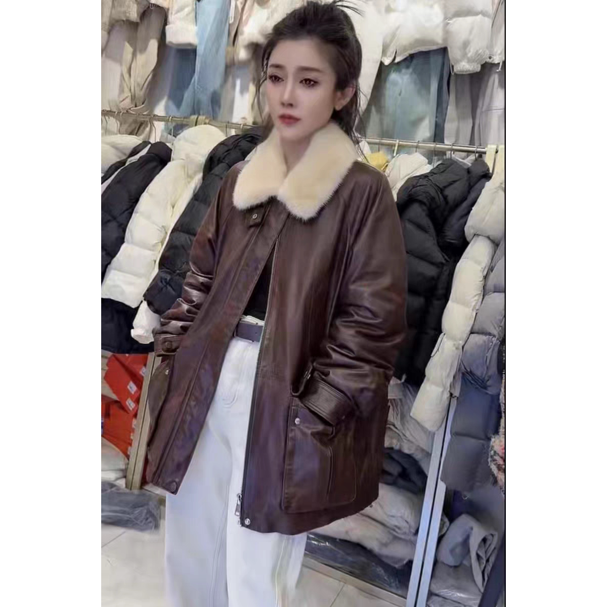 冬季真皮中长款毛领鹅绒皮衣女