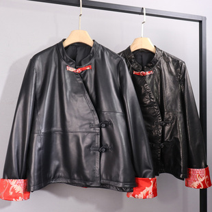 时尚新中式真皮立领皮衣女短款修身盘扣黑色高级感长袖显瘦外套