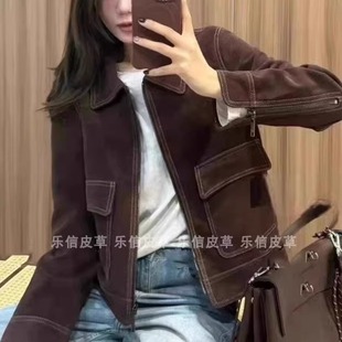 真皮新款翻毛皮衣女绵羊皮时尚百搭气质修身翻领拉链绒面夹克外套