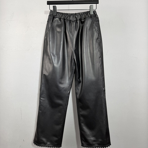 新款真皮花边显瘦阔腿九分皮裤女