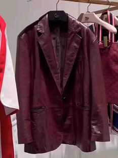 领单排扣宽松中长款 绵羊皮西装 真皮皮衣外套 女装 2024秋冬新款