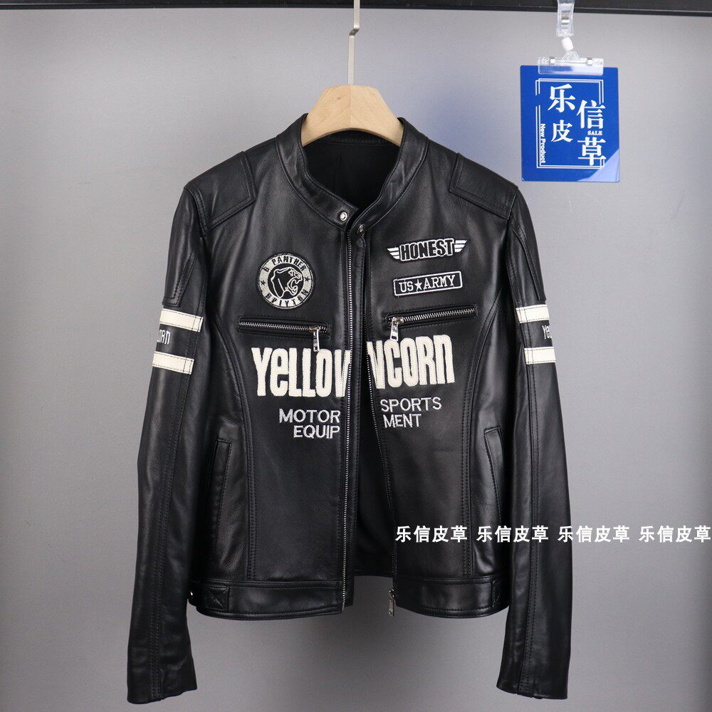 复古哈雷摩托修身骑行服绵羊真皮皮衣女机车外套皮夹克刺绣炸街潮