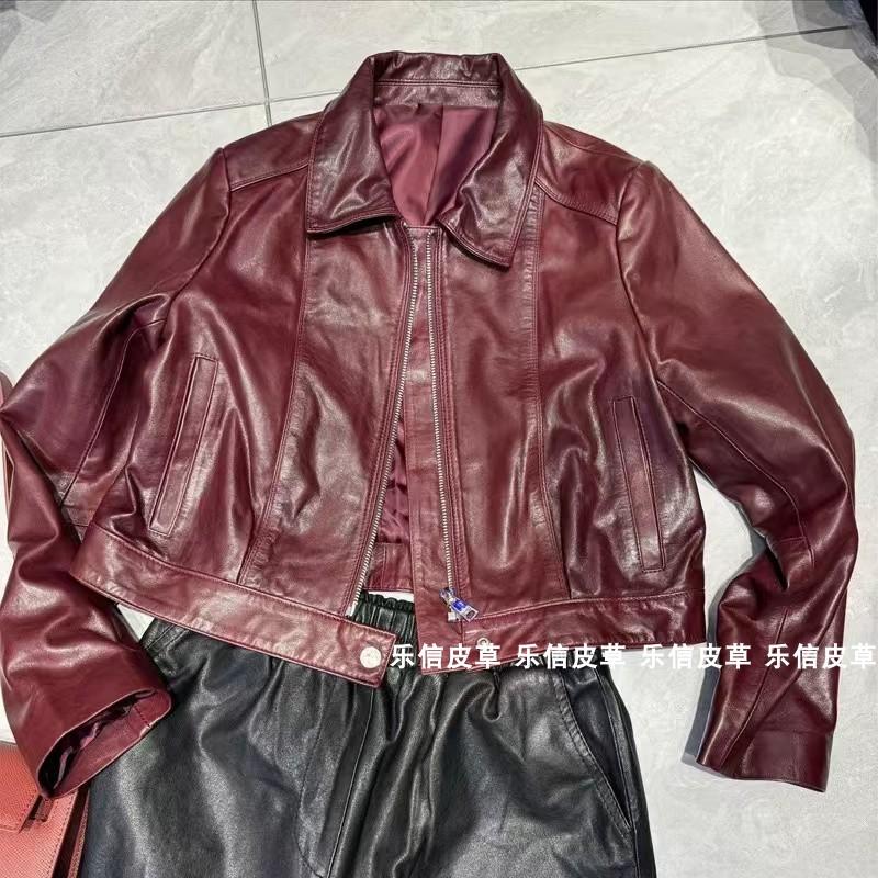 网红新款真皮短款翻领皮衣