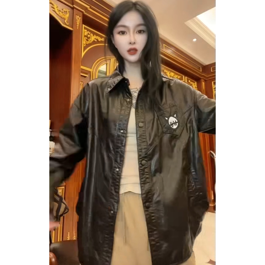 真皮新款女时尚休闲中长款宽松显瘦通勤风衬衫外套高级感长袖上衣