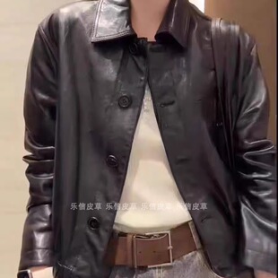 真皮新款 百搭显瘦气质单排扣翻领复古帅气皮夹克 皮衣女绵羊皮时尚