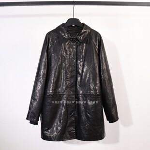 真皮油蜡皮皮衣女中长款翻领纽扣复古宽松风衣长袖休闲上衣外套