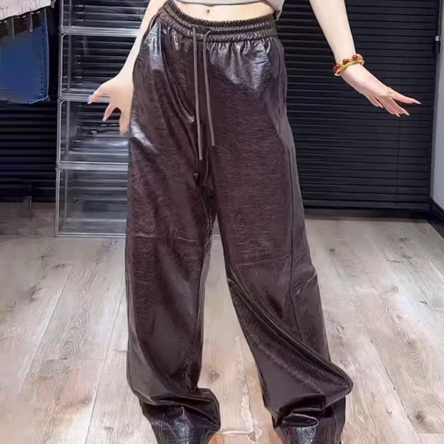 真皮皮裤女抽绳松紧腰宽松阔腿裤时尚气质显瘦长裤时尚遮肉弯刀裤,女装/女士精品,皮衣,淘宝优惠券,粉丝福利购,淘宝优惠卷