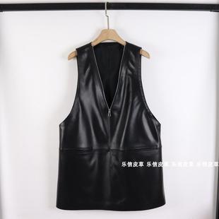 网红同款真皮大v领套头马夹女宽松韩版中长绵羊皮口袋连衣裙欧货