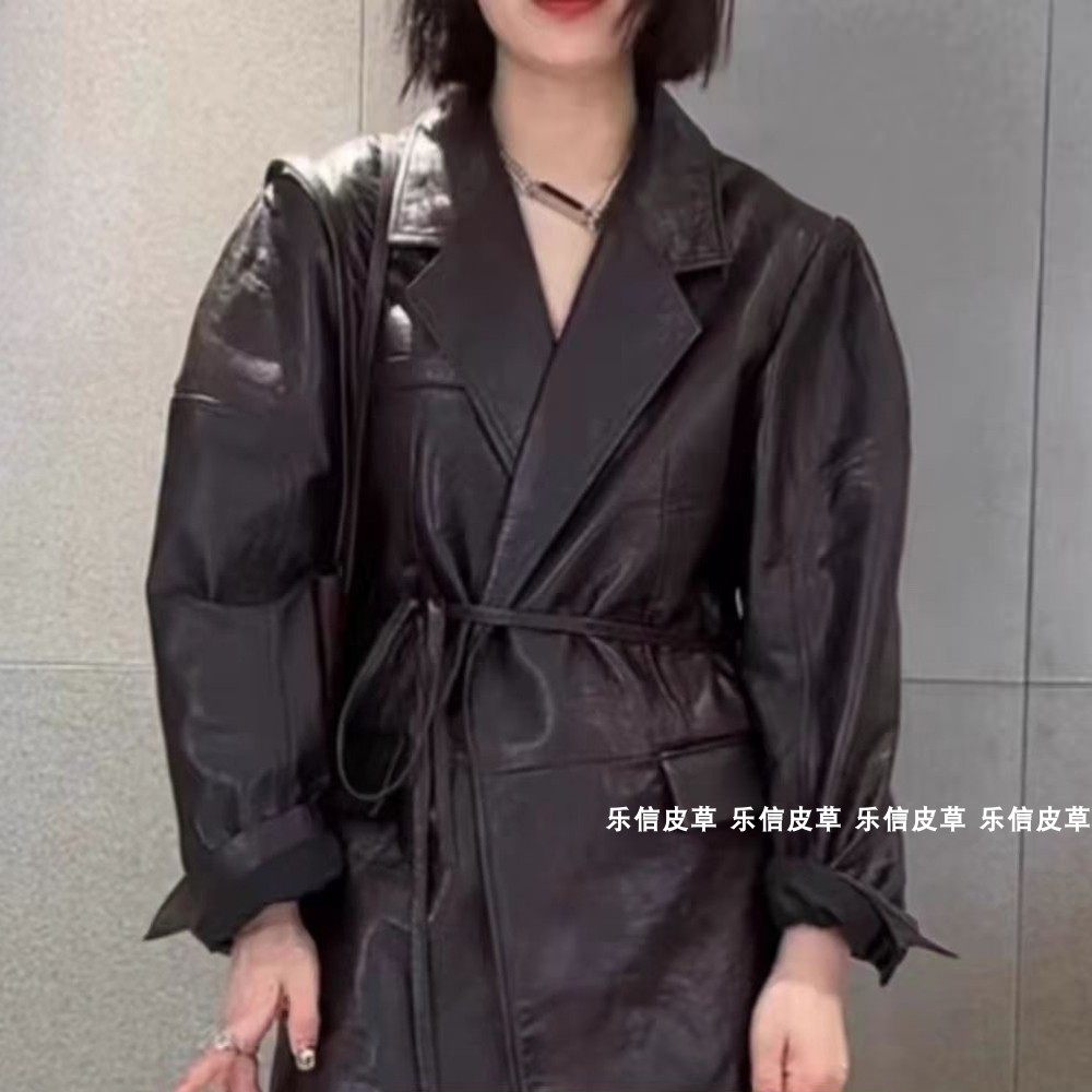 个性风衣小然同款洋气酷飒宽松腰带中长款真皮西服外套绵羊皮廓版
